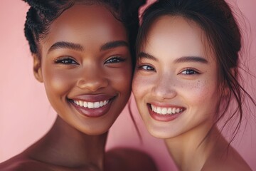 Skincare commercial with two diverse models smiling against a pink background showcasing natural beauty and radiant skin.