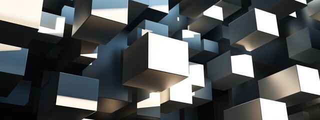Poster - Abstract arrangement of floating metallic cubes in a dramatic lighting setup against a dark background