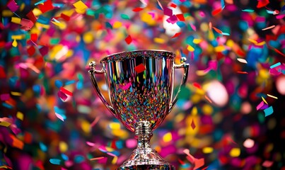 A shiny trophy surrounded by colorful confetti, Generative AI