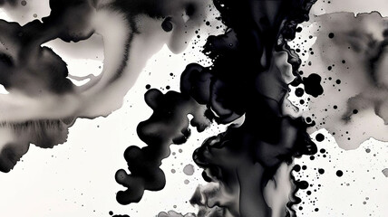 the image is a black and white painting of a black cloud with white splatters