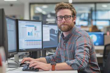 Man working using a computer in the office of a high tech company with multiple monitors.