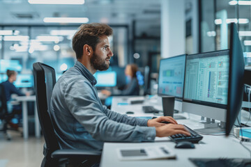 Sticker - Man working using a computer in the office of a high tech company with multiple monitors.