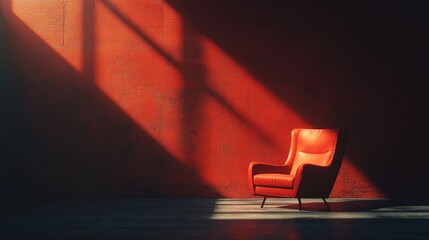 Poster - A red chair is sitting in front of a wall with a red background