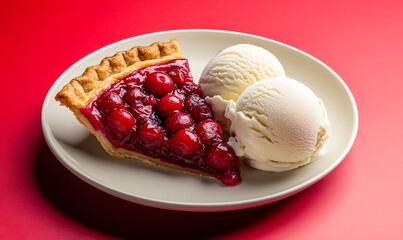 Wall Mural - A slice of cherry pie with two scoops of vanilla ice cream on a plate, Generative AI