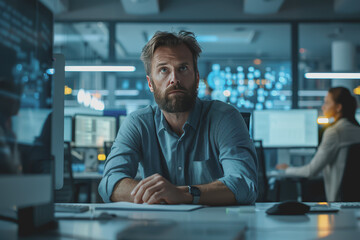 Poster - Man working using a computer in the office of a high tech company with multiple monitors.