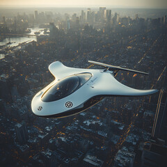 A sleek electric air taxi hovers above a futuristic city skyline, showcasing advanced transportation technology and urban innovation. The image captures the essence of modern mobility, highlighting th