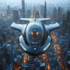 A sleek electric air taxi hovers above a futuristic city skyline, showcasing advanced transportation technology and urban innovation. The image captures the essence of modern mobility, highlighting th