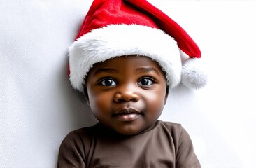 Photo portrait of african american black baby in Santa hat on white background