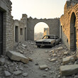 © Iaroslav - An abandoned car sits amid the rubble of a destroyed brick building, framed by a broken archway. The scene is desolate and quiet, reflecting the aftermath of devastation.