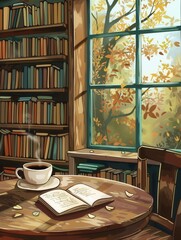 Poster - The inviting atmosphere features a cup of coffee and an open book on the table, surrounded by shelves of books and autumn views outside. Generative AI