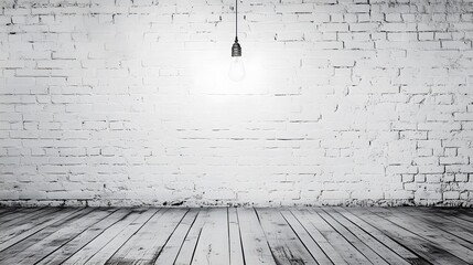 A white brick wall with a wooden floor, illuminated by a hanging light bulb in the center of the room