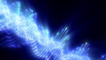 Poster - Abstract waves of glowing particles in vibrant blue creating a dynamic and fluid digital landscape against a dark background