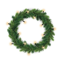 Wall Mural - vector christmas branch decorative wreath with glowing lights on transparent background