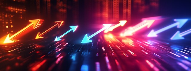 Poster - Colorful digital arrows indicating upward movement in a vibrant abstract technology background