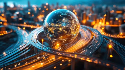 Sticker - A detailed 3D earth globe featuring highways crisscrossing through city landscapes, illustrating the interconnectedness of our world