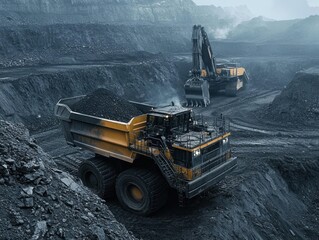 Mining excavator in operation at a coal mining site