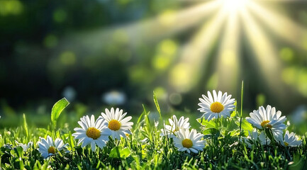 Spring background with beautiful green grass and daisies, sun rays shining through the leaves, creating a bokeh effect and an atmosphere of springtime beauty and joy.