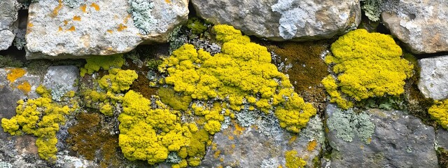 Close-up of moss and lichen on an old stone wall, with yellow-green hues