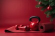 © Olha Ye - Christmas and New year 2025. concept of healthy lifestyle and sport, gym and fitness, sport shops. burgundy sports equipment on burgundy background and green christmas tree