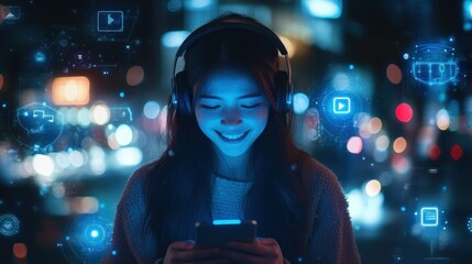 Young Woman Listening to Music and Using a Smartphone in a City at Night