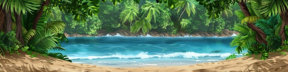 Poster - Lush tropical forest meets a pristine beach, with soft sand and gentle ocean waves creating a tranquil coastal escape at sunset. Generative AI