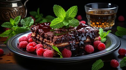 Aromatic chocolate dessert layered with a rich filling, adorned with fresh mint and juicy raspberries, presented on a silver plate