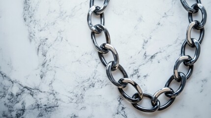 A bold metal necklace with chunky links displayed against a marble surface.