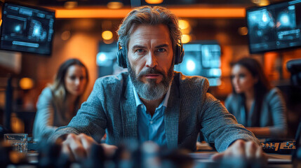 Poster - A serious business leader with headphones in a high-tech control room, working with his team on a critical task