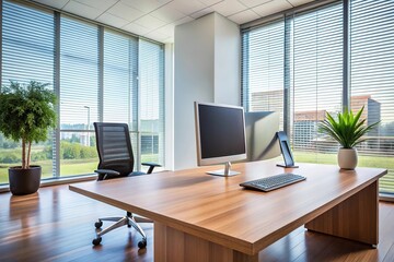 Forced perspective of vacant modern office desk