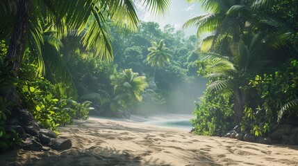 Poster - Lush greenery transitions smoothly into a pristine beach, where soft sand meets calm waves under a clear blue sky. Generative AI
