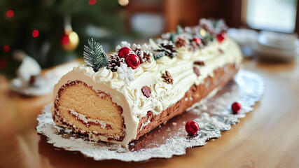 Wall Mural - Christmas traditional log cake on a table