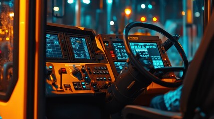 Close-up View of a Vehicle's Interior with Digital Displays and Steering Wheel