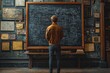 © Artistic Playground - A man standing in front of a blackboard with a flow mechanics drawing on it, thinking about the business process management system structure diagram drawn with chalk.