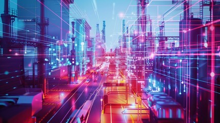 Poster - The Internet of Things IoT in manufacturing. Integration of connected devices to optimize production, maintenance, inventory, and other factory operations in the new era of Industry 4.0