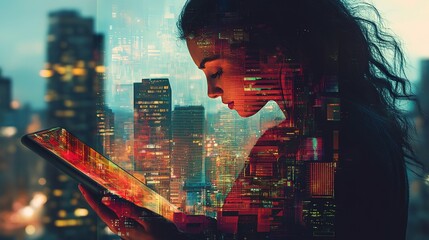 Poster - Woman reading tablet with cityscape and abstract graphic overlay, light theme, Ai

