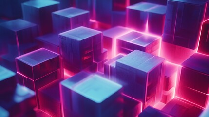 Poster - Colorful abstract design featuring glowing cubes illuminated by vibrant blue and pink lights in a digital art style