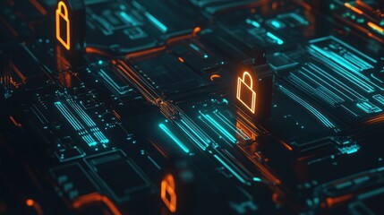 Abstract digital security concept with glowing padlock symbols on a circuit board.