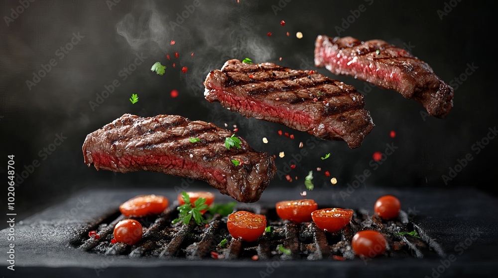 Ultra-realistic 3D rendering of grill-cooked beef steaks, with a piece ...