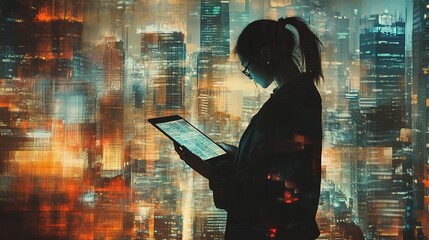 Poster - Woman reading tablet with cityscape and abstract graphic overlay, light theme, Ai
