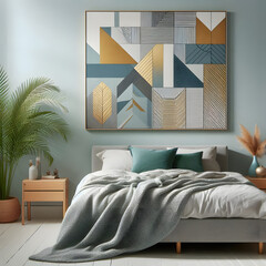 A large framed painting with a blue and gold color scheme hangs on a wall above a bed