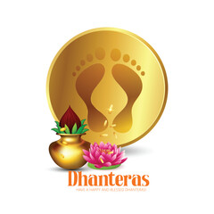 Dhanteras greeting card featuring gold symbols and lotus flowers on a red background. Perfect for celebrating this auspicious Hindu festival with blessings of prosperity.