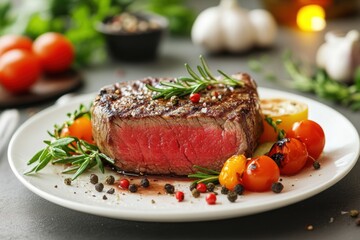 food presentation, palate-pleasing steak dish presented on a chic table with vibrant veggies and herbs, setting a welcoming vibe