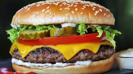 Poster - Juicy Cheeseburger with Fresh Vegetables and Sesame Bun