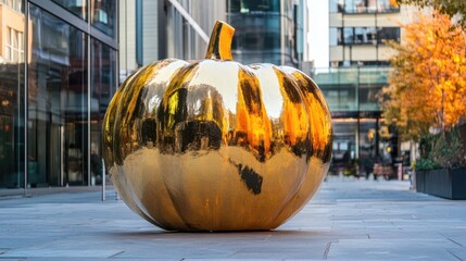 Canvas Print - Halloween street decoration featuring a modern golden pumpkin festively enhancing the urban landscape