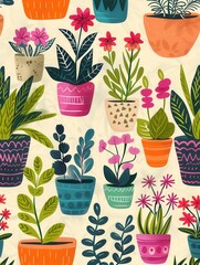 Poster - A lively collection of flowers in decorative pots arranged in various colors and styles, highlighting the charm of indoor gardening. Generative AI