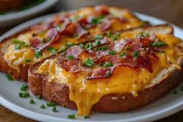 Sticker - savory breakfast dish, bacon toast with gooey cheddar and fresh chives a mouthwatering breakfast treat