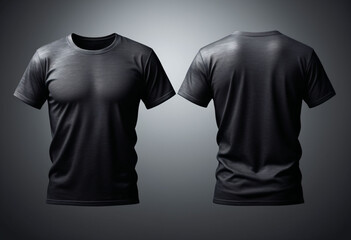 mockup of a black male t-shirt displayed against on a light background, front and back view