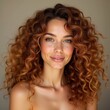 © Julija - The portrait highlights stunning curls of honey-colored hair, showcasing their shine and bouncy texture, illuminated elegantly by gentle, natural light. Generative AI