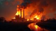 © Xavi - A powerful image of an industrial factory with tall smokestacks, releasing intense flames and smoke against a dramatic sunset sky. The scene reflects themes of pollution and environmental impact.