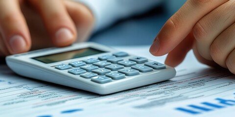 Close-up of hands using a calculator on financial documents for budgeting and accounting purposes in a professional setting.